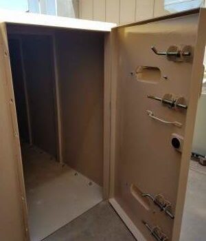 A steel safe room being aired out after cleaning.