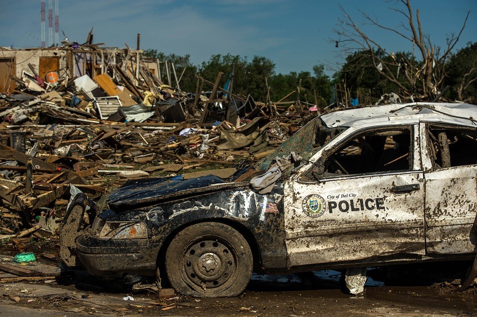 A damaged locality after a tornado hit Oklahoma City.
