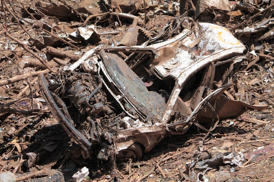 A damaged car after a tornado hit Oklahoma City.