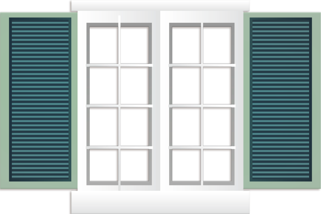 A glass window with shutters