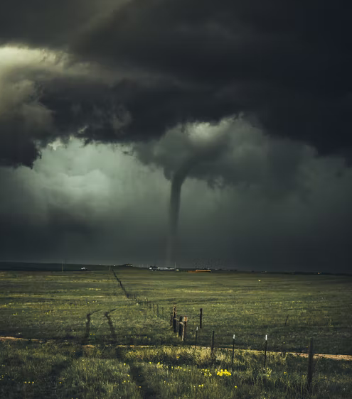 A severe tornado hitting grass field with dark clouds