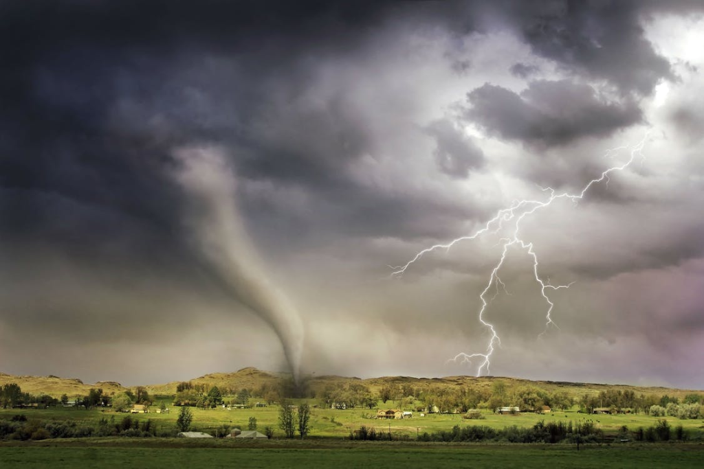 a tornado wreaking havoc on a farm