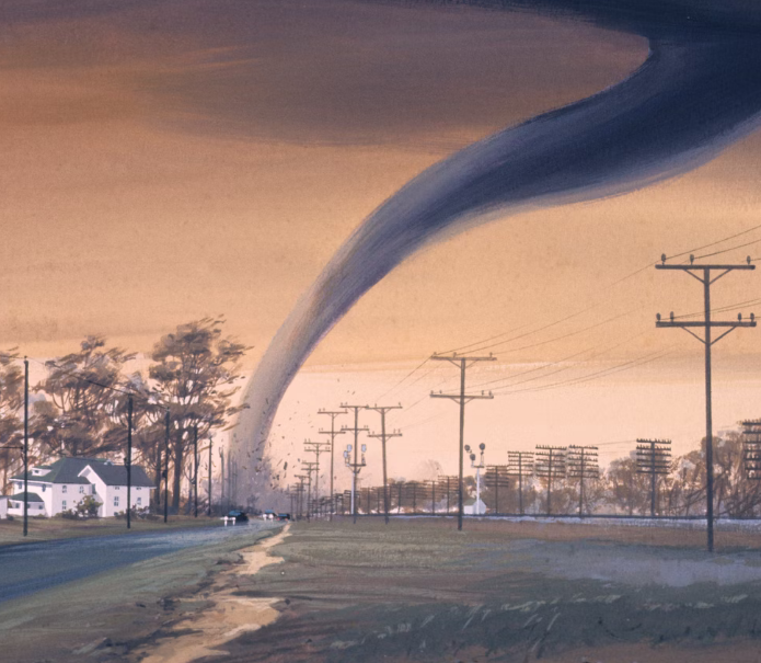 A narrow tail tornado moving towards a house