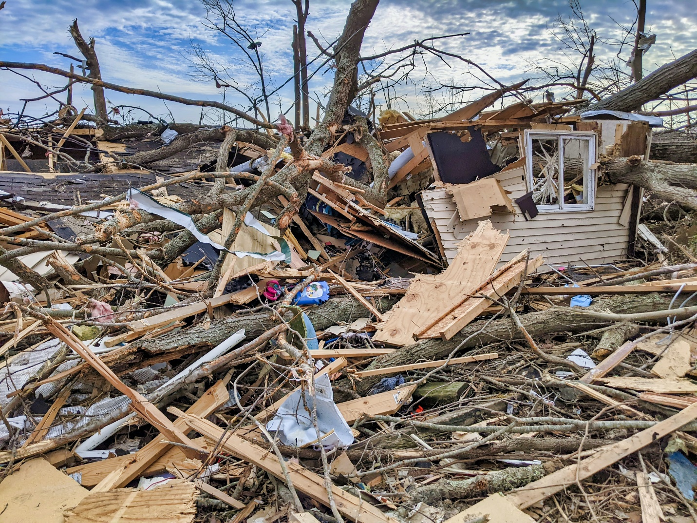 A small cabin destroyed by a tornado in Oklahoma City, OK