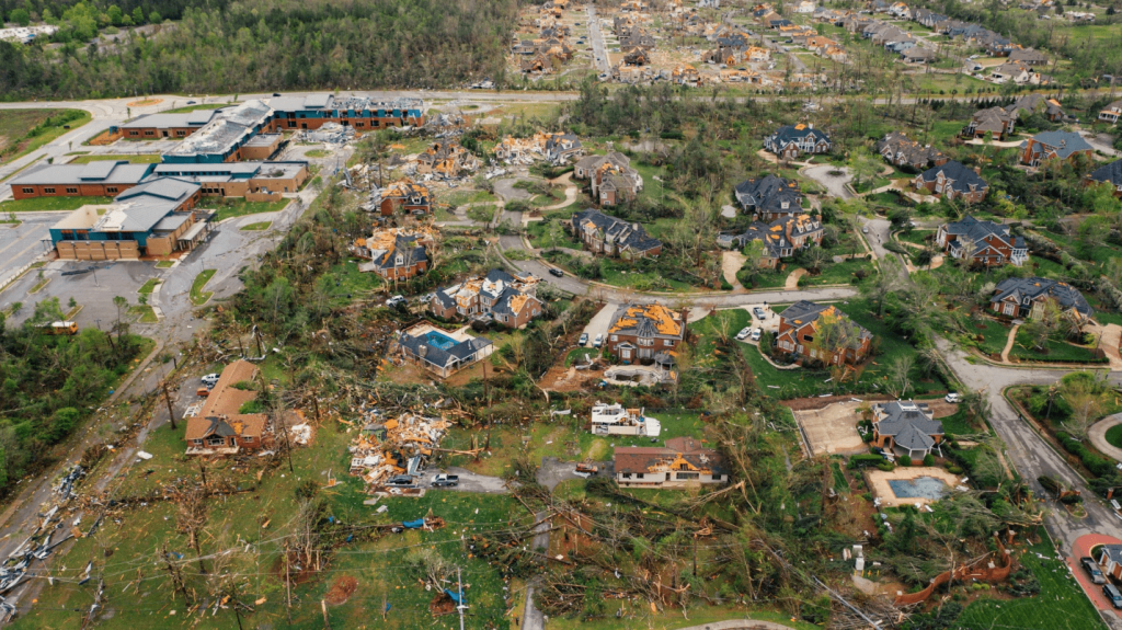 Damaged roofs of the houses after a storm