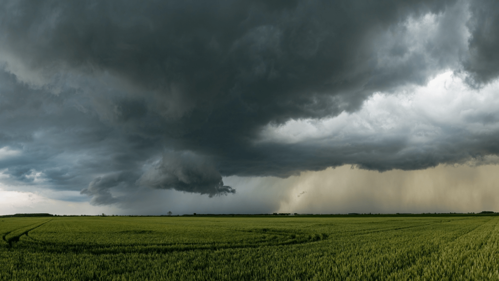 A green field with dark clouds above