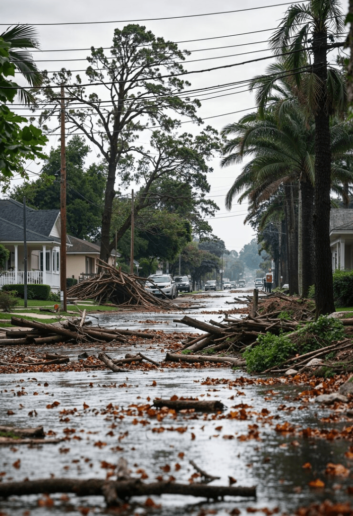An image of destruction after the storm on the street with broken trees