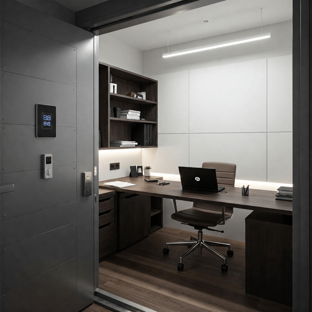 An AI-generated image of a home office inside a safe room with a desk, shelves, a laptop, and an office chair