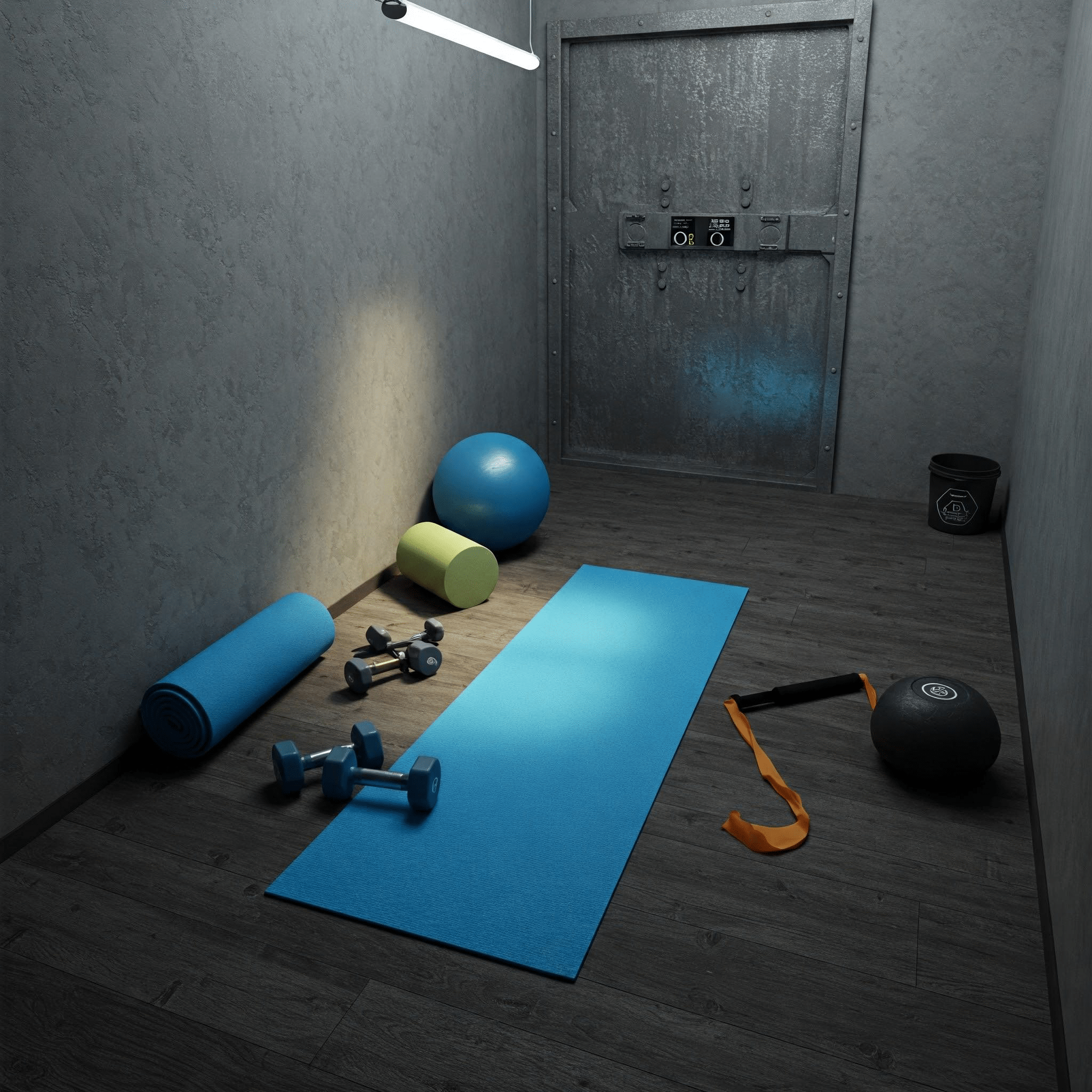 An AI-generated image of workout equipment inside a safe room