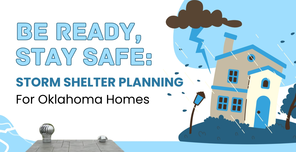 Oklahoma storm shelter infographic showing steps to prepare your home, including choosing shelter types, ordering from trusted providers, understanding local permits, and professional installation. Features in-ground, garage, and safe room options for storm protection. Oklahoma Shelters branding included.