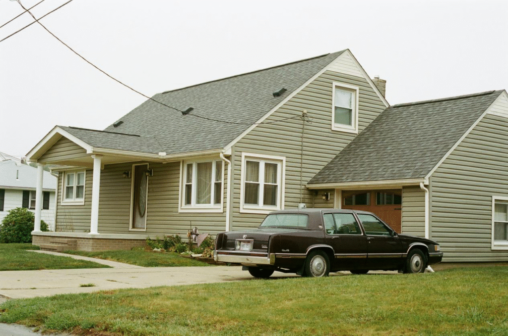 A white and gray home with a garage