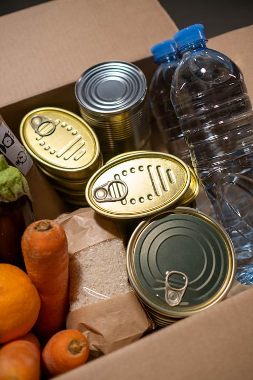 Food cans, vegetables, and supplies prepared for storage.