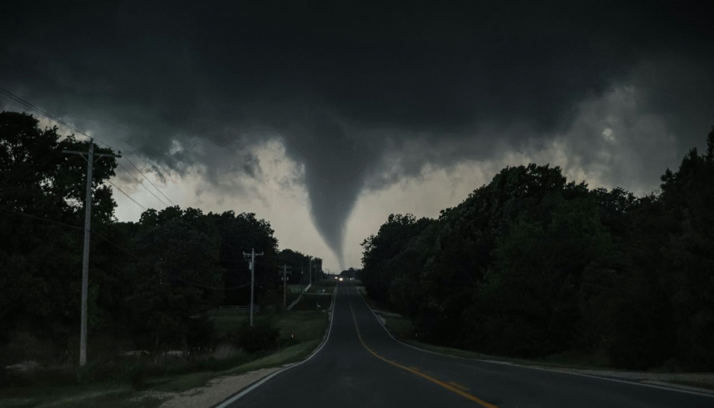A massive tornado forming over an open road
