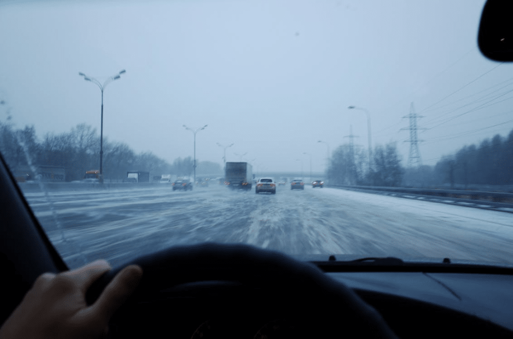 Vehicle driving on an icy road during winter conditions