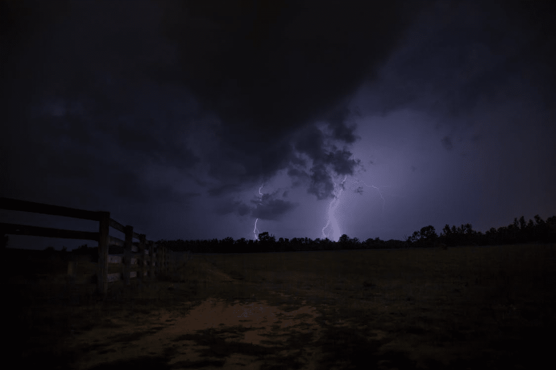 Severe storm with lightning striking over an open field at night in Oklahoma