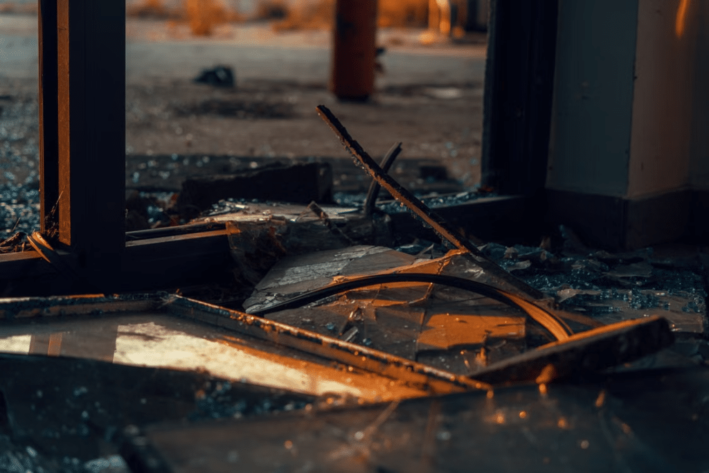 Storm debris and broken glass inside a damaged building after severe weather.