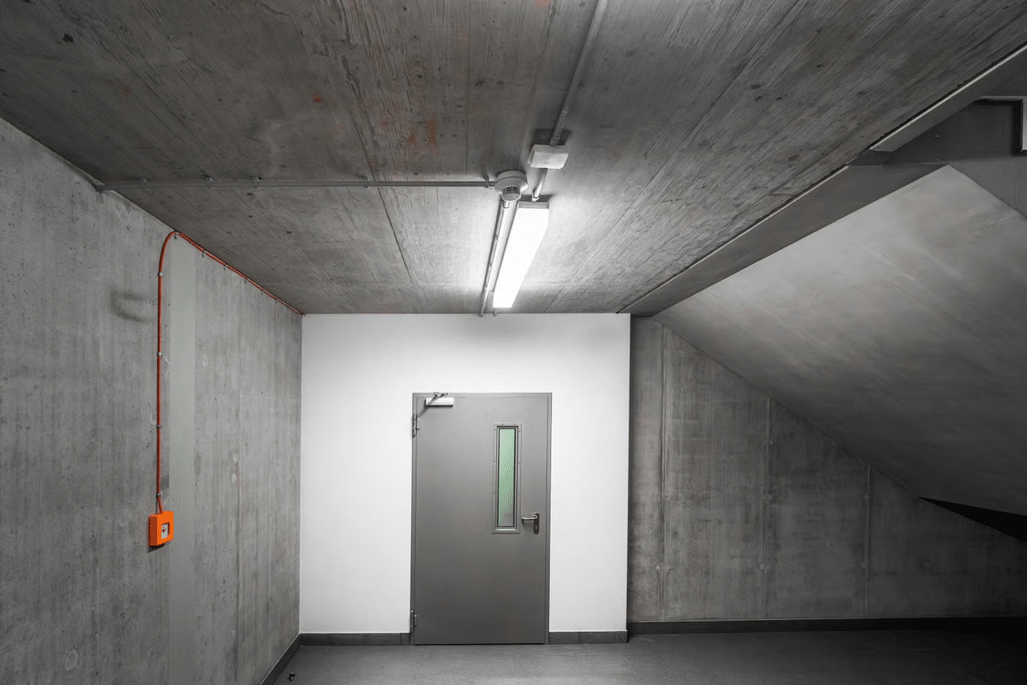 Reinforced steel safe room designed for residential tornado protection.