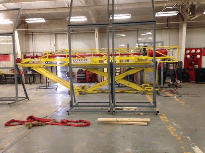 Storm shelter impact testing equipment at a facility used to verify structural safety standards.