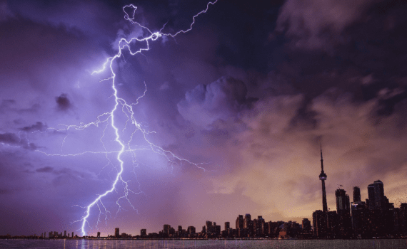 Lightning strike near a city