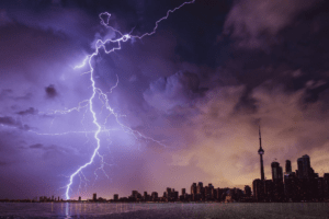 Lightning strike near a city